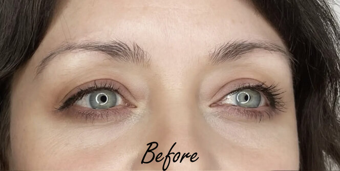 Before eyebrow enhancement service showing natural brows with lighter density and uneven shape prior to professional brow shaping and enhancement treatment.