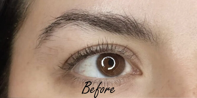 Close-up before image showing natural eyebrows prior to enhancement, with lighter density and less defined shape before professional eyebrow refinement services.
